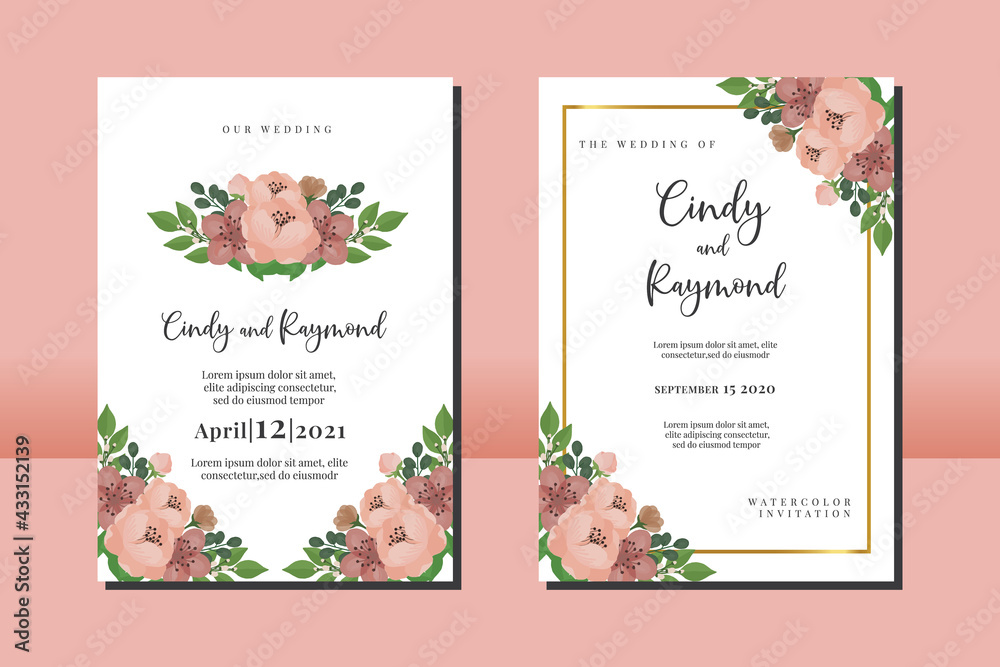 Wedding invitation frame set, digital art hand drawn Peony Flower design Invitation Card Template