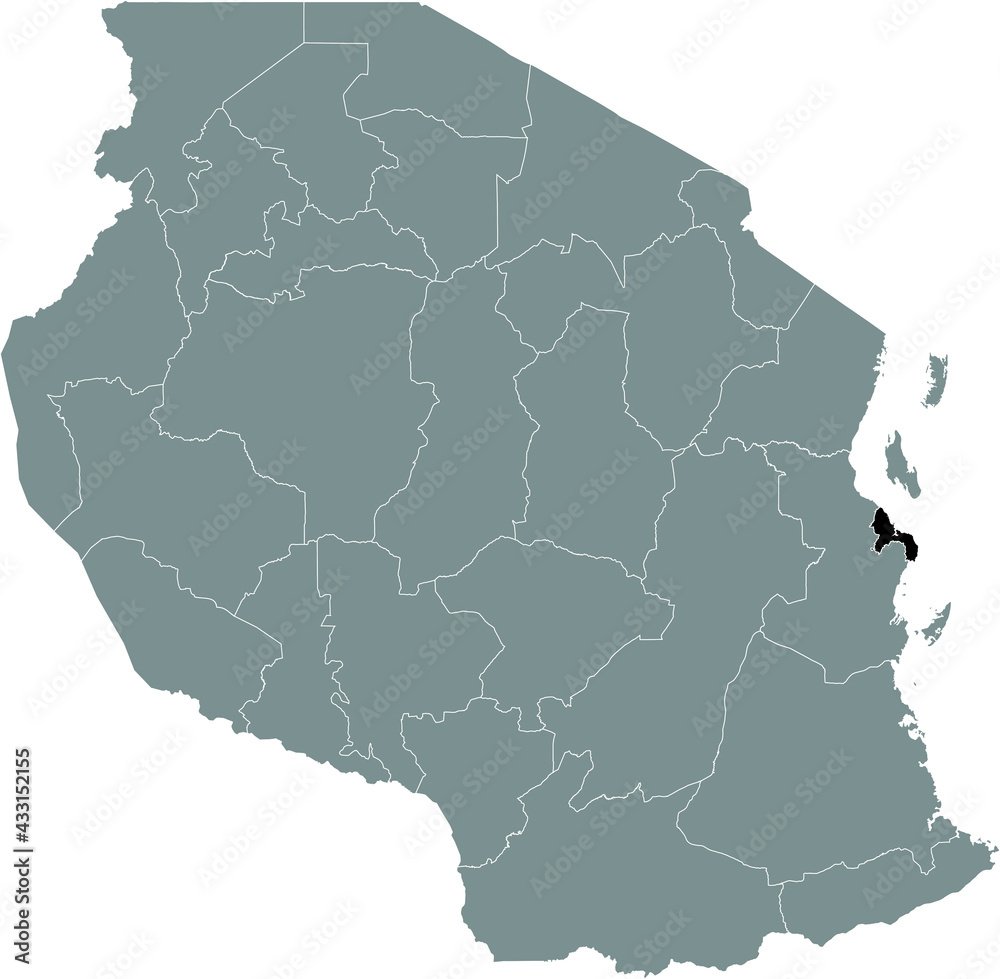 Black highlighted location map of the Tanzanian Dar es Salaam region inside gray map of the United Republic of Tanzania Black highlighted location map of the Tanzanian Dar es Salaam region inside gray map of the United Republic of Tanzania