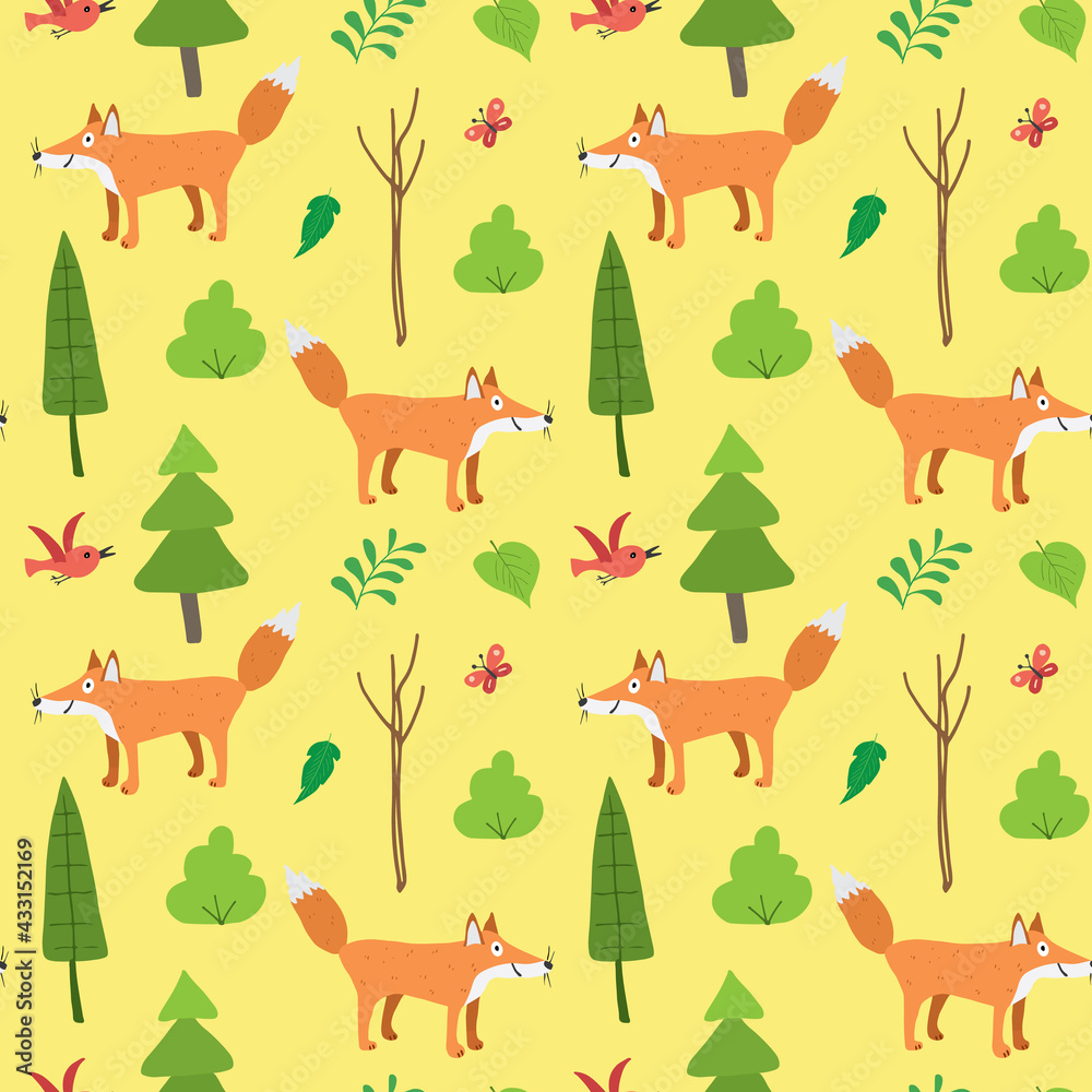 Fototapeta premium Cute Fox Seamless pattern. Cartoon Animals in forest background. Vector illustration