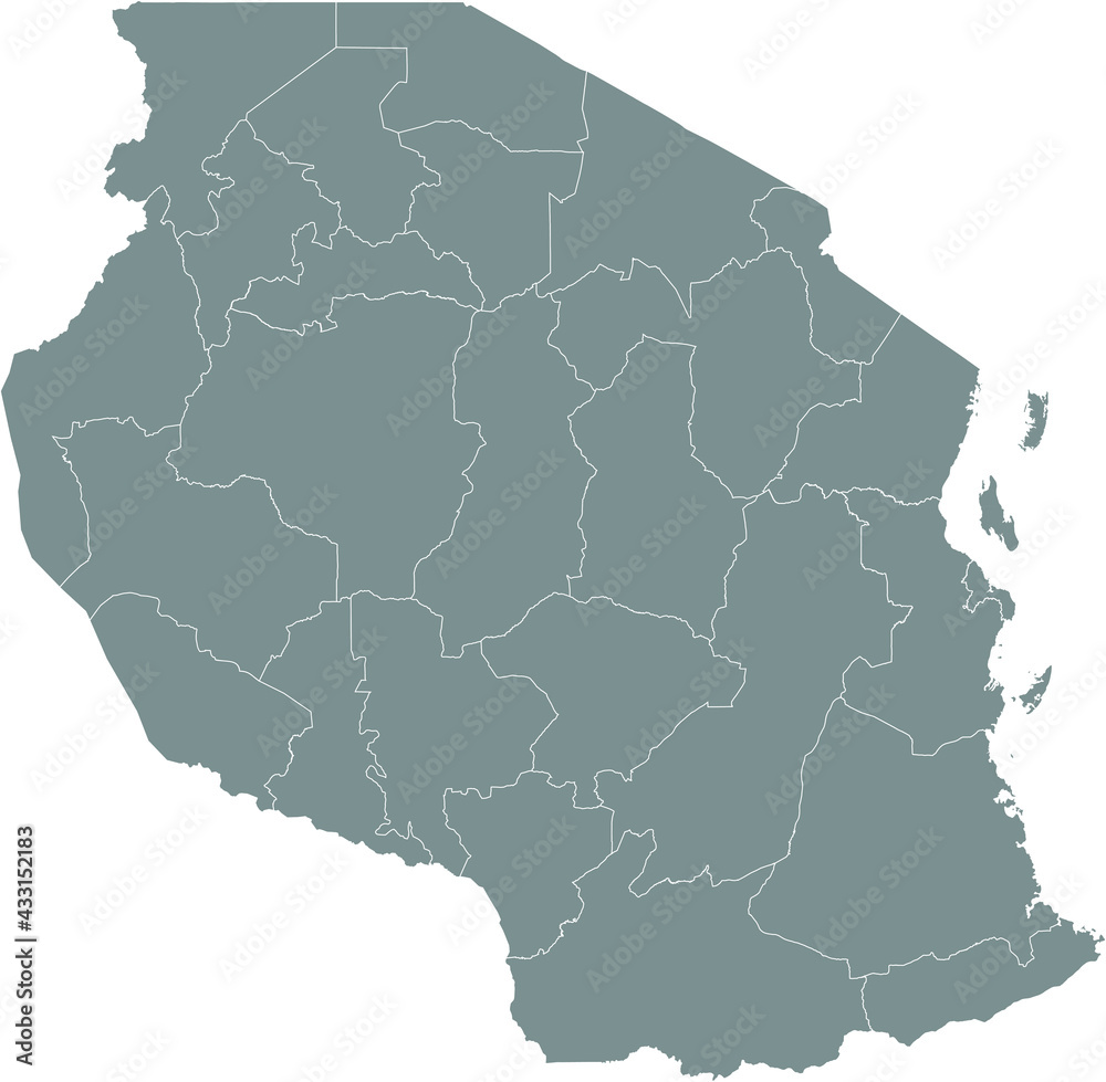 Gray vector map of the United Republic of Tanzania with white borders of its regions