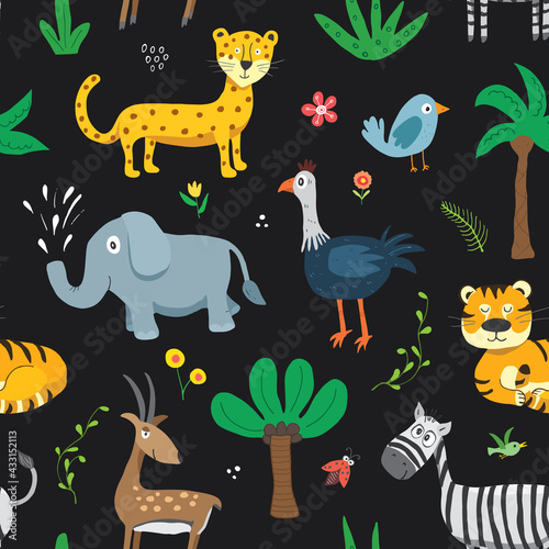 Cute Animals Seamless pattern. Cartoon Animals and plants doodles. Cartoon Vector illustration