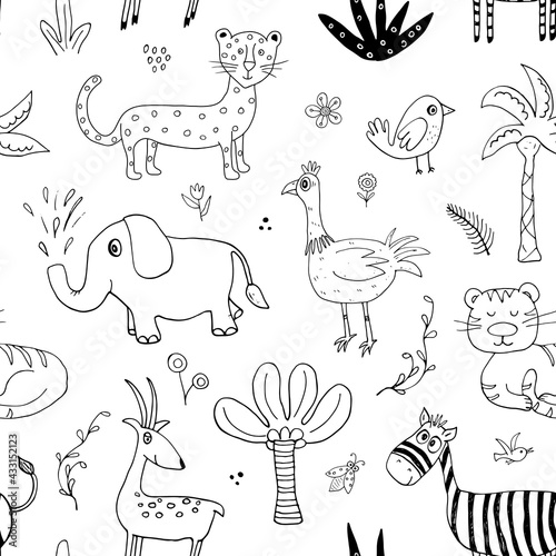Cute Animals Seamless pattern. Cartoon Animals and plants doodles. Cartoon Vector illustration