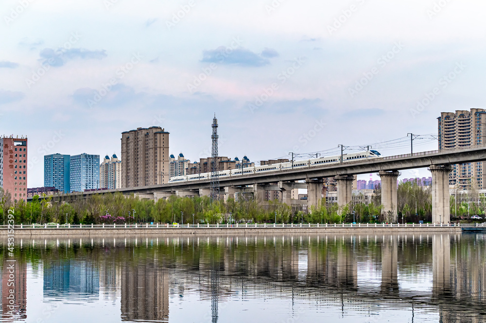 City and High-speed Rail-Landscape of Yitong River in Changchun, China