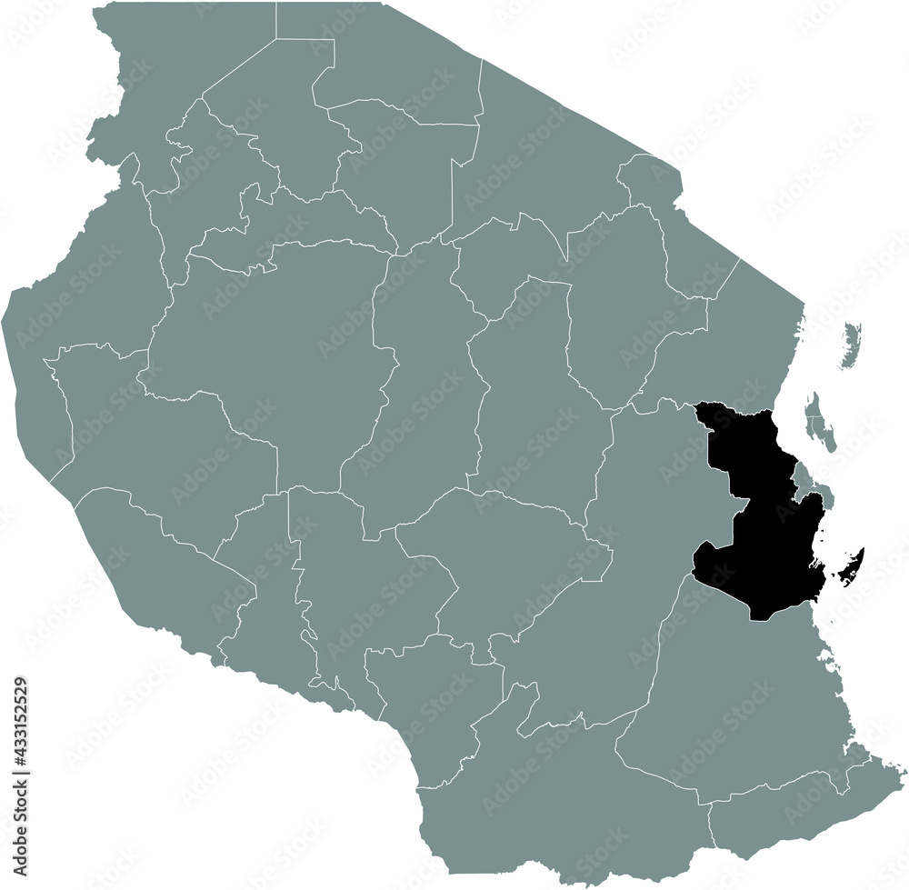 Obraz premium Black highlighted location map of the Tanzanian Pwani region inside gray map of the United Republic of Tanzania