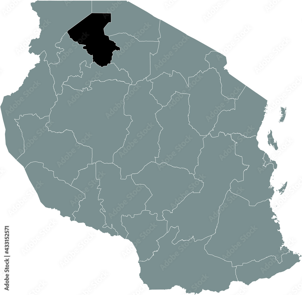 Black highlighted location map of the Tanzanian Mwanza region inside gray map of the United Republic of Tanzania