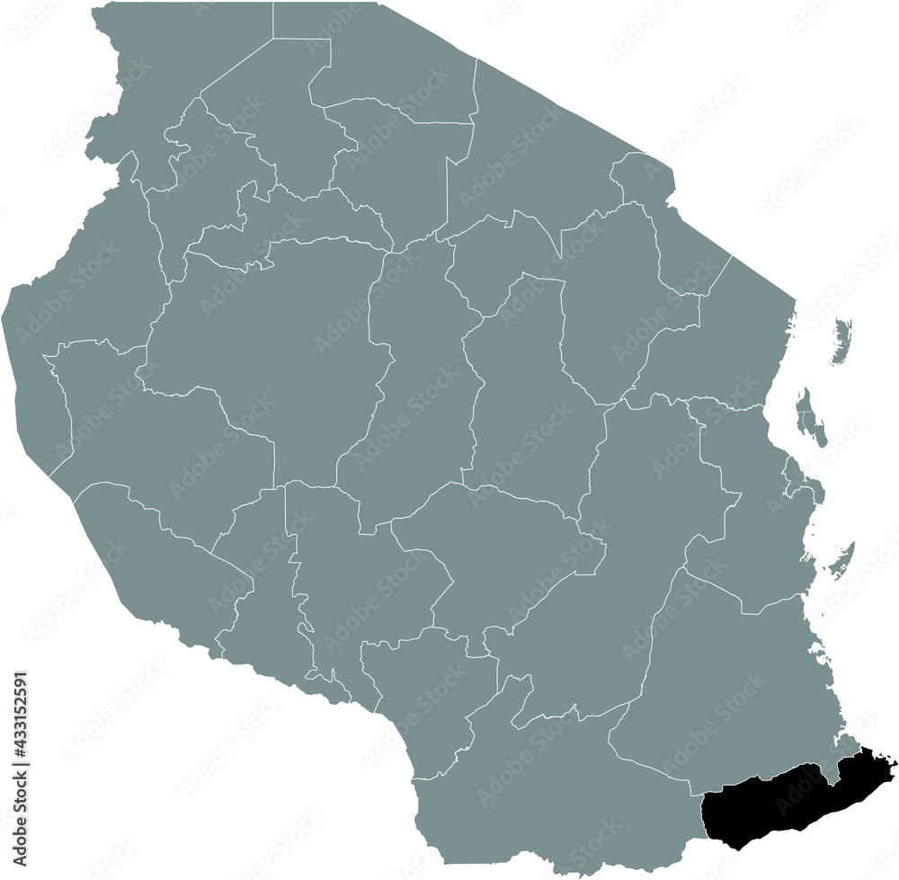 Black highlighted location map of the Tanzanian Mtwara region inside gray map of the United Republic of Tanzania
