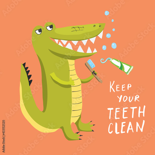 Cute Croccodile with toothbrush Cartoon Animal baby and children print design Vector Illustration photo