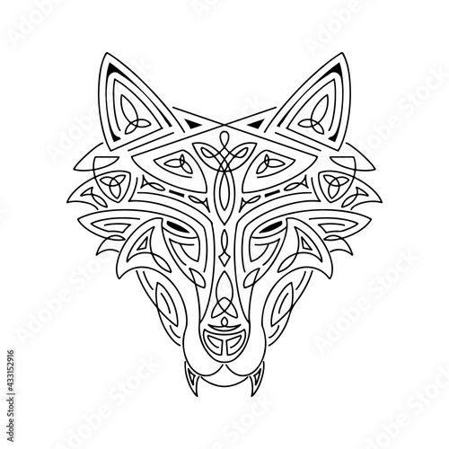 Wolf head Celtic style, T-shirt typography design, wild animal graphic print. Vector illustration