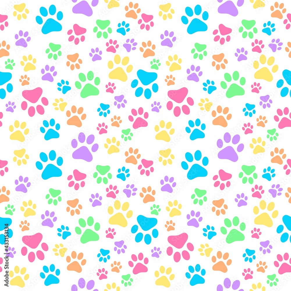 PATTERNS WITH ANIMAL PAWS. PASTEL COLORS WHITE BACKGROUND.