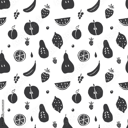 Fototapeta Naklejka Na Ścianę i Meble -  Fruit seamless pattern, collection of juicy fruits, apple, pear, strawberry, orange slice, peach, plum, banana, watermelon, papaya, grapes, lemon and berries background, vector illustration