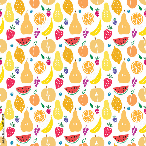 Fruit seamless pattern, collection of juicy fruits, apple, pear, strawberry, orange slice, peach, plum, banana, watermelon, papaya, grapes, lemon and berries background, vector illustration © saint_antonio
