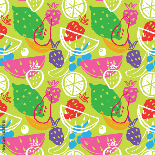 Fruit seamless pattern, collection of juicy fruits, apple, pear, strawberry, orange slice, peach, plum, banana, watermelon, papaya, grapes, lemon and berries background, vector illustration © saint_antonio