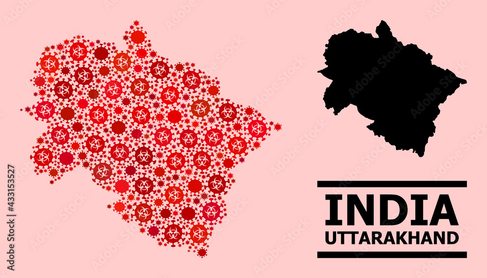 Vector covid-2019 collage map of Uttarakhand State designed for lockdown posters. Red mosaic map of Uttarakhand State is created with biohazard covid-2019 pathogen items.