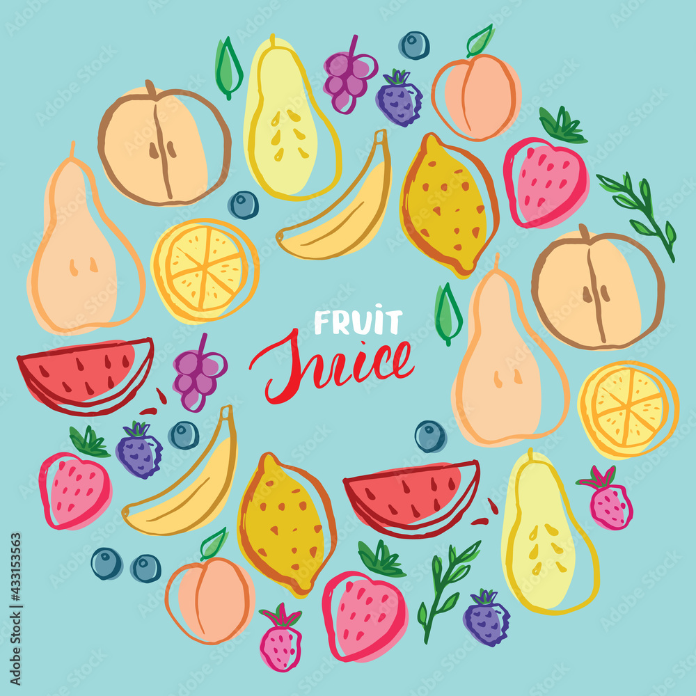 Fruit Set, collection of juicy fruits, apple, pear, strawberry, orange slice, peach, plum, banana, watermelon, papaya, grapes, lemon and berries. Vector illustration Fruit Set, collection of juicy fruits, apple, pear, strawberry, orange slice, peach, plum, banana, watermelon, papaya, grapes, lemon and berries. Vector illustration