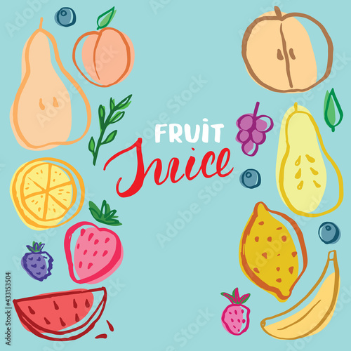 Fruit Set, collection of juicy fruits, apple, pear, strawberry, orange slice, peach, plum, banana, watermelon, papaya, grapes, lemon and berries. Vector illustration