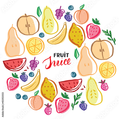 Fruit Set, collection of juicy fruits, apple, pear, strawberry, orange slice, peach, plum, banana, watermelon, papaya, grapes, lemon and berries. Vector illustration