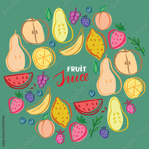 Fototapeta Naklejka Na Ścianę i Meble -  Fruit Set, collection of juicy fruits, apple, pear, strawberry, orange slice, peach, plum, banana, watermelon, papaya, grapes, lemon and berries. Vector illustration