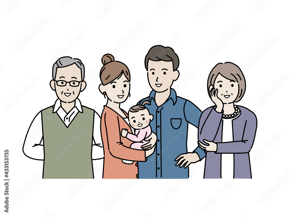 三世代家族 若い夫婦 親子 家族の集まり イラスト素材 三世代家族 若い夫婦 親子 家族の集まり イラスト素材