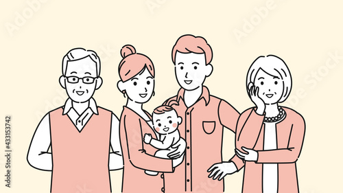 三世代家族　若い夫婦　親子　家族の集まり　イラスト素材