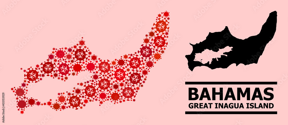 Vector covid-2019 mosaic map of Great Inagua Island created for health care wallpapers. Red mosaic map of Great Inagua Island is done from biological hazard covid-2019 pathogen icons. Vector covid-2019 mosaic map of Great Inagua Island created for health care wallpapers. Red mosaic map of Great Inagua Island is done from biological hazard covid-2019 pathogen icons.