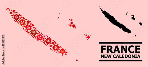 Vector covid mosaic map of New Caledonia constructed for lockdown posters. Red mosaic map of New Caledonia is constructed from biological hazard covid infection parts.