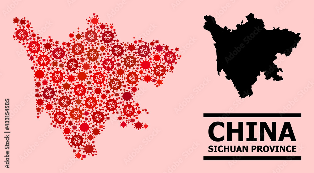 Obraz premium Vector covid mosaic map of Sichuan Province created for health care applications. Red mosaic map of Sichuan Province is created of biological hazard covid-2019 pathogen icons.