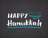 Happy Hanukkah lettering, Jewish greeting for religious holiday handwritten sign, Hand drawn grunge calligraphic text. Vector illustration on chalkboard background