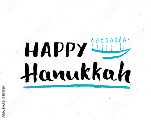 Happy Hanukkah lettering, Jewish greeting for religious holiday handwritten sign, Hand drawn grunge calligraphic text. Vector illustration