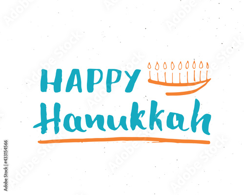 Happy Hanukkah lettering  Jewish greeting for religious holiday handwritten sign  Hand drawn grunge calligraphic text. Vector illustration