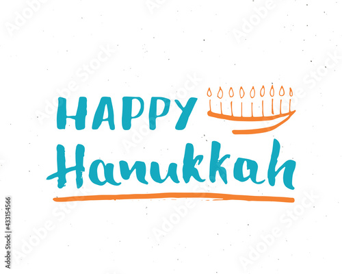 Happy Hanukkah lettering, Jewish greeting for religious holiday handwritten sign, Hand drawn grunge calligraphic text. Vector illustration