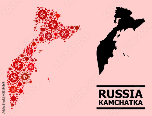 Vector covid-2019 mosaic map of Kamchatka Peninsula designed for pharmacy purposes. Red mosaic map of Kamchatka Peninsula is organized from biological hazard covid-2019 viral icons.