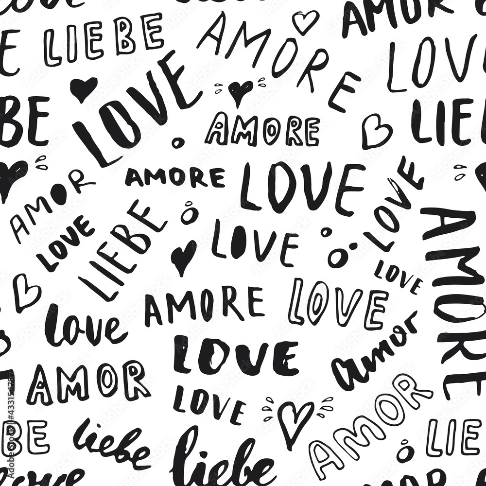 Fototapeta premium Love lettering seamless pattern vector illustration. Love written in different languages romantic words background
