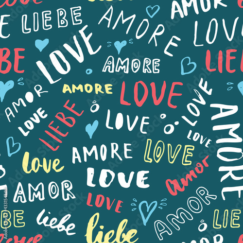 Love lettering seamless pattern vector illustration. Love written in different languages romantic words background