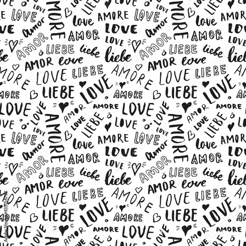Love lettering seamless pattern vector illustration. Love written in different languages romantic words background