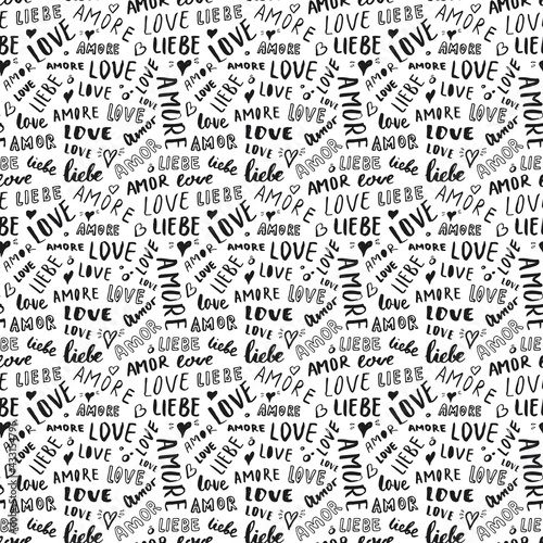 Love lettering seamless pattern vector illustration. Love written in different languages romantic words background