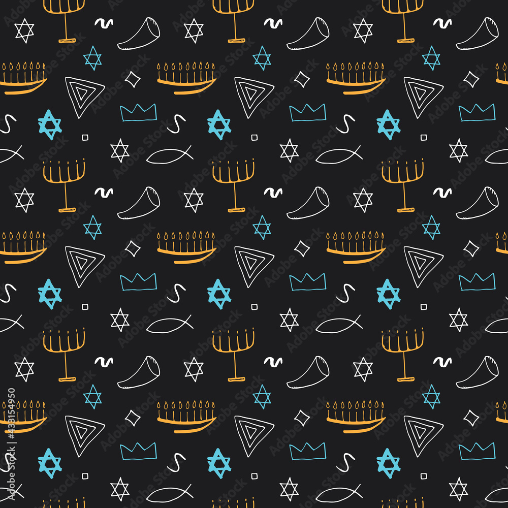 Jewish items seamless pattern, Jewish hand drawn lineart icons background, vector illustration