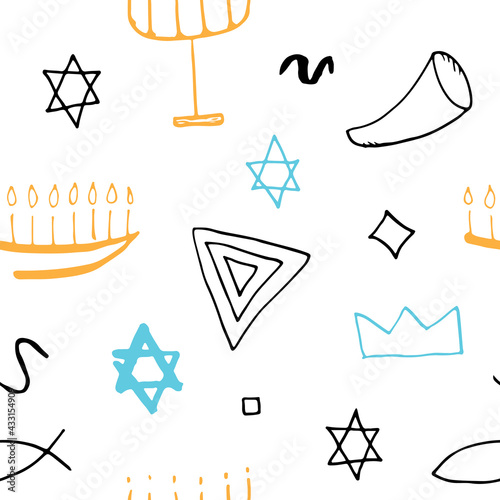 Jewish items seamless pattern, Jewish hand drawn lineart icons background, vector illustration