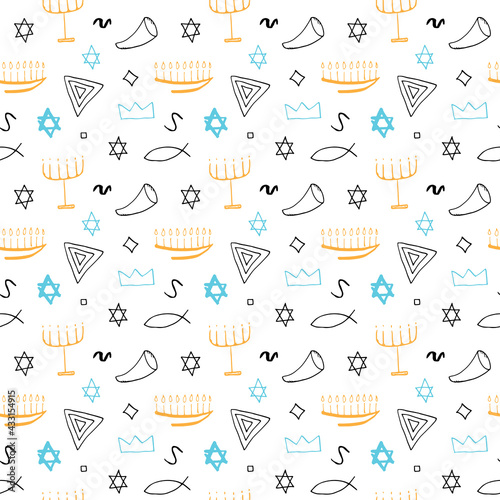 Jewish items seamless pattern, Jewish hand drawn lineart icons background, vector illustration
