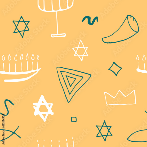 Jewish items seamless pattern, Jewish hand drawn lineart icons background, vector illustration