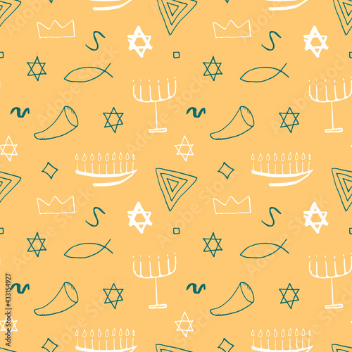 Jewish items seamless pattern, Jewish hand drawn lineart icons background, vector illustration