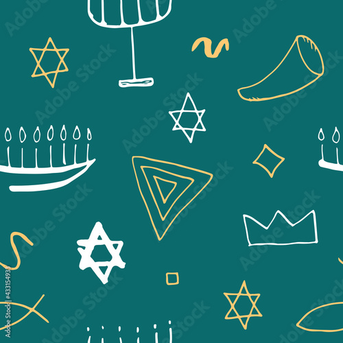 Jewish items seamless pattern, Jewish hand drawn lineart icons background, vector illustration
