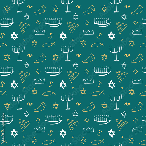 Jewish items seamless pattern, Jewish hand drawn lineart icons background, vector illustration
