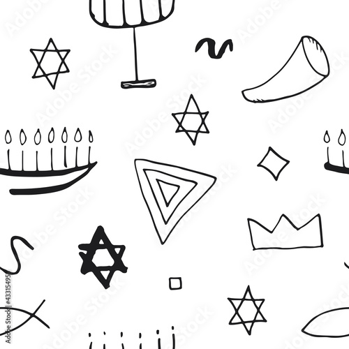 Jewish items seamless pattern, Jewish hand drawn lineart icons background, vector illustration
