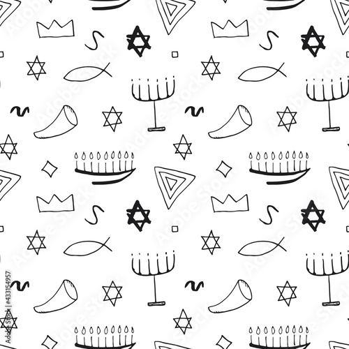 Jewish items seamless pattern, Jewish hand drawn lineart icons background, vector illustration