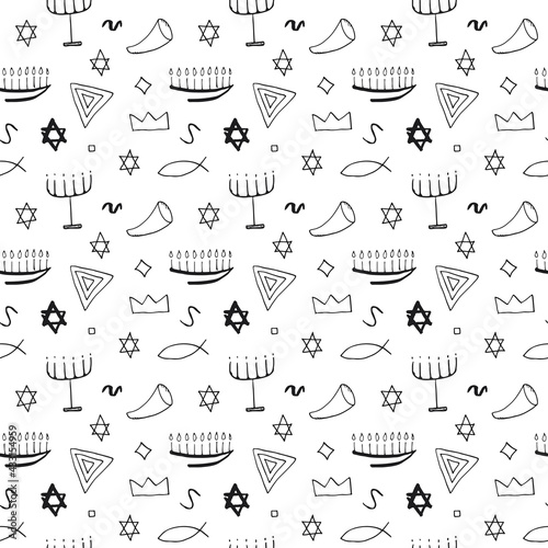 Jewish items seamless pattern, Jewish hand drawn lineart icons background, vector illustration