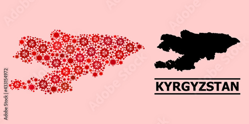 Vector covid-2019 mosaic map of Kyrgyzstan designed for pharmacy purposes. Red mosaic map of Kyrgyzstan is organized with biohazard covid-2019 pathogen items. photo