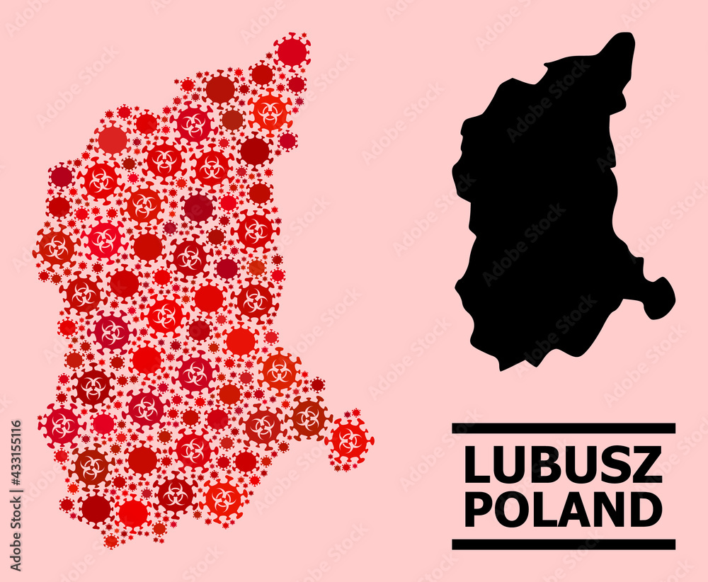 Vector covid-2019 composition map of Lubusz Province done for medicare wallpapers. Red mosaic map of Lubusz Province is done from biohazard covid-2019 infection icons.