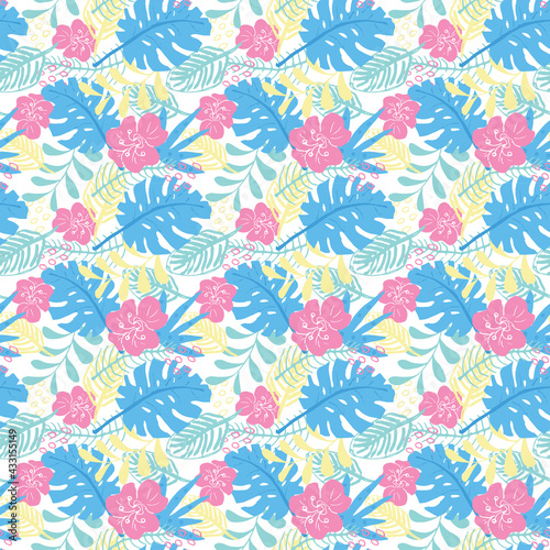 Tropical plants seamless pattern vector illustration. Exotic natural palm leaves wallpaper background