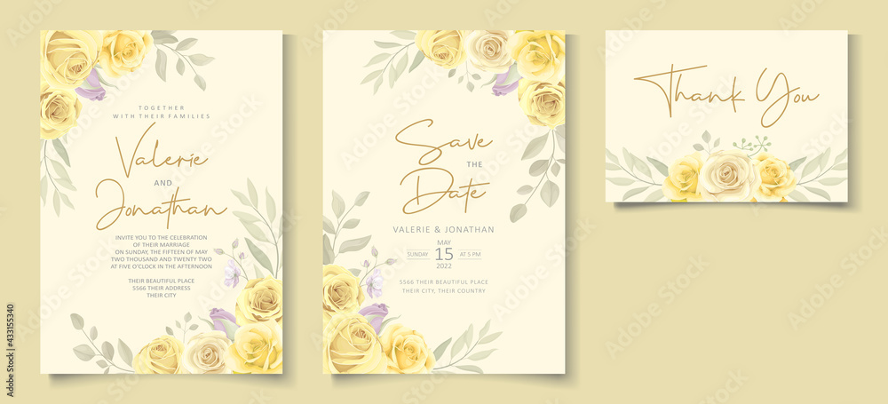 Beautiful wedding invitation template with hand drawn yellow roses Beautiful wedding invitation template with hand drawn yellow roses