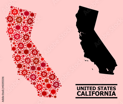 Vector covid mosaic map of California combined for medicare illustrations. Red mosaic map of California is done from biohazard coronavirus pathogen parts.